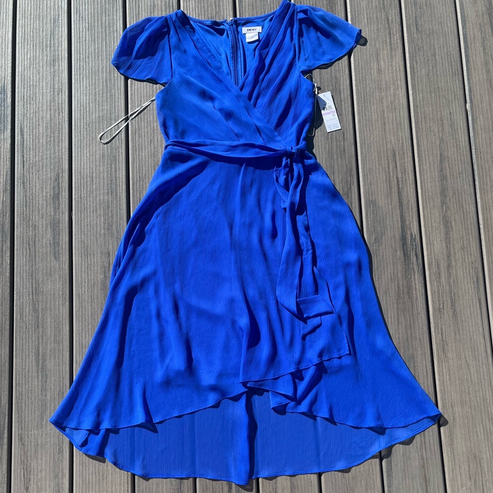 DKNY; Vibrant Blue; Bell Shape; Flutter Sleeve; Faux Wrap; Midi Dress; NWT; US6